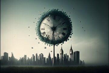 One day a group of people stumbled upon the clock They were floating in a sea of clouds each one holding onto a giant dandelion as if it were a lifeline They looked at the clock in confusion  - obrazy, fototapety, plakaty