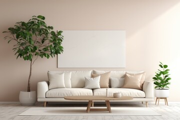 Beige sofa in the contemporary living room interior in neutral colors with empty wall mockup