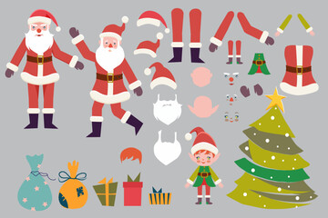 Flat Santa character constructor, moving arms and legs, combination of hats and faces. Xmas tree with  presents, bag, cute elf, white mustache, beards. Vector illustration.