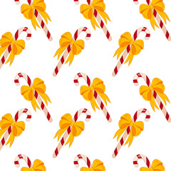 Fototapeta na wymiar Pattern of candies decorated with a yellow bow. Christmas candy with bow in flat style on white background.