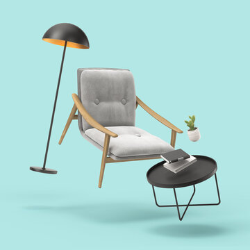 Zero gravity white interior living room 3 D Illustration