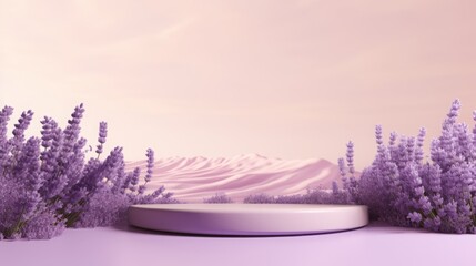Lavender podium flower background purple product nature platform stand summer 3d table. Cosmetic...