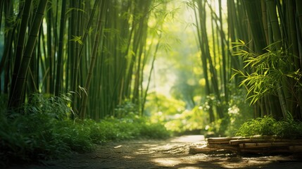 Into the Jungle: Experience the lush greenery of a bamboo grove from a low angle view, where towering trees create a serene canopy