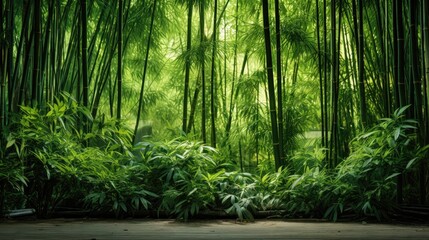Into the Jungle: Experience the lush greenery of a bamboo grove from a low angle view, where towering trees create a serene canopy