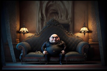 Photo ultra realistic whole side body portrait of Gru in Despicable me sitting on a luxurious sofa victorian gothic background with dim light and gothic furnitures epic scene incredibly detailed 