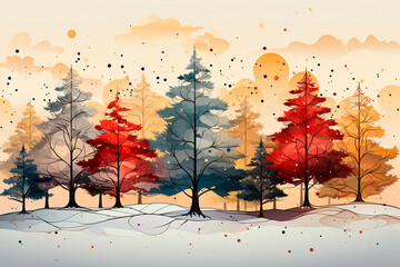 Watercolor illustration of red color Christmas trees, autumn forest.