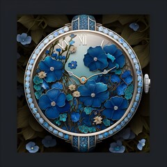 clock with blue flowers inside and little diamonds around 
