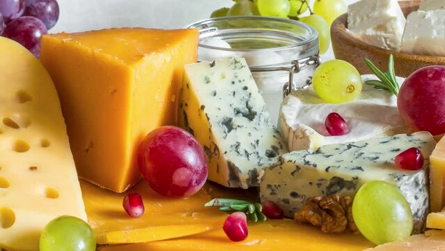 Assortment cheeses on wooden cutting board. Cheese plate served with grape fruits, pomegranate, tomatoes and rosemary, various cheese on a platter