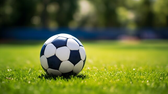 Close up of a Soccer Ball with white and navy blue Patterns. Blurred Football Pitch Background