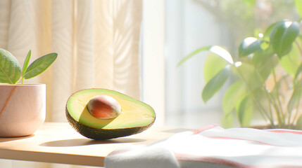 Avocado on the wooden table under natural sunlight, copy space. Generative AI.