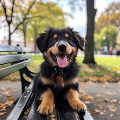 cute happy puppy dog on a bench in the park