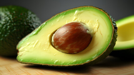 An avocado on a wooden table, green, fresh, and nutritious food. Generative AI.