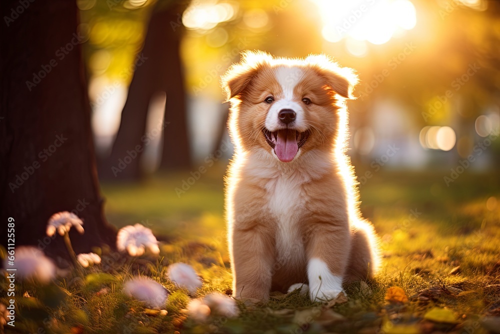 Wall mural cute happy puppy dog on the grass in the park