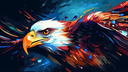 Eagle in flight, Bald. Pop art style, neon, colour, abstract painting of a soaring bald eagle on a...
