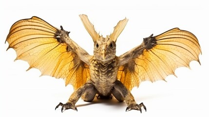 Obraz premium Fantasy small dragon creature with large yellow wings spreads its arms on a clean white background.
