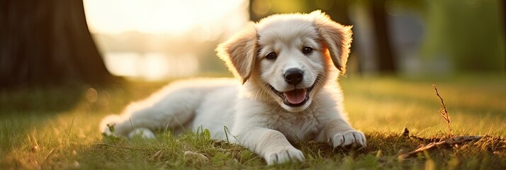 cute happy puppy dog on the grass in the park - obrazy, fototapety, plakaty