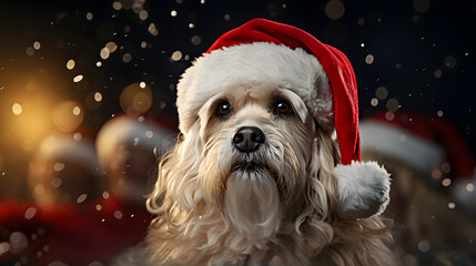 A white dog wearing a red Christmas Santa Claus hat with gifts, Generative AI.