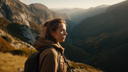 Naklejka premium Woman with a backpack is standing on top of a mountain.