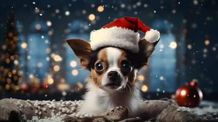 Fototapeta na wymiar A Chihuahua dog wearing a red Santa Claus hat of Christmas, Generative AI.