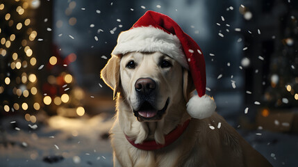 A Labrador Retriever dog wearing a red Christmas Santa Claus hat, Generative AI