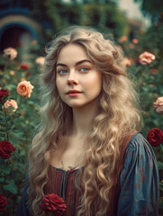 Young woman in a medieval dress is standing in a field of roses.