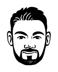 Portrait of a young man with a beard. Head avatar. Black and white illustration sketch. Hand drawn style