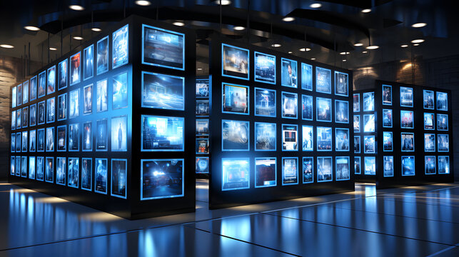 A futuristic room adorned with an array of monitors and screens. Generative AI