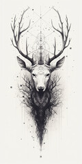 black and white deer head - obrazy, fototapety, plakaty