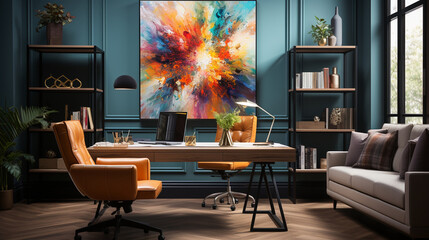 An intern with a taste for art, showcasing their workspace adorned with modern and artistic elements