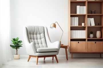 home beautiful interior template mockup living room design background cosy armchair with wooden cabinet bookshelf bright clean and clear interior space home background design