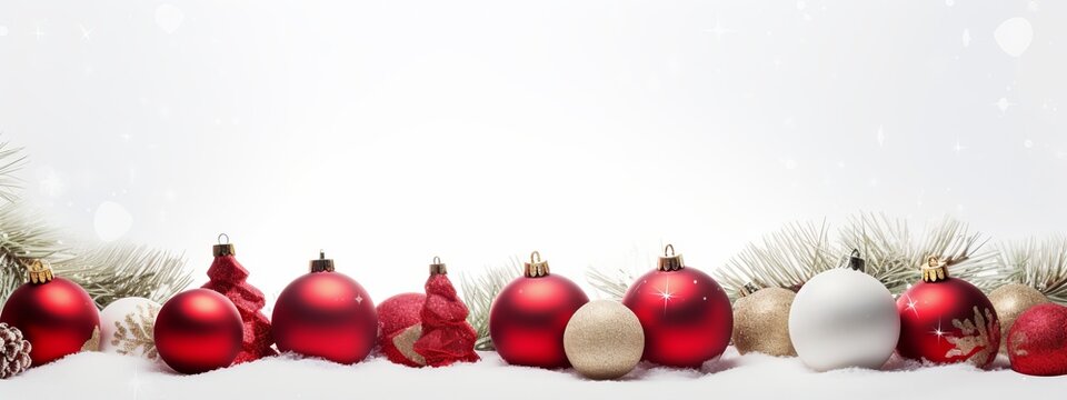 christmas festive decorating items shiny silver red white ball celebrate background xmas greeting cheerful backdrop with decorative beautiful bauble and tradition ornament merry xmas concept