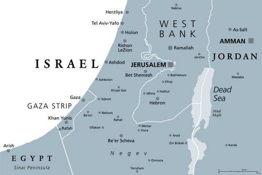 Part of the Southern District of Israel, gray political map, with the Gaza Strip, bottom half of West Bank, Dead Sea, and with borders and most important cities in this region. Illustration. Vector.
