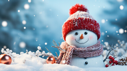 Funny cute snowman in red hat and scarf with in winter snow forest. Christmas or New Year card.