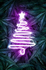 Holiday Poster with neon Christmas tree on green background with cannabis leaves. Glowing Christmas tree on the backdrop with marijuana. Template for New Year design for hemp