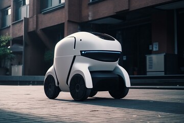 Futuristic delivery robot serves food in urban areas using advanced technology. Generative AI - obrazy, fototapety, plakaty