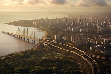 An aerial view of Mumbai depicting Bandra, Bandra Worli Sea Link, and the skyline of Lower Parel. Generative AI - obrazy, fototapety, plakaty