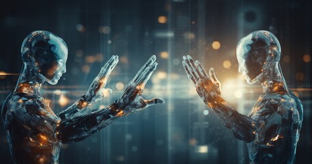 Naklejka premium Hand of businessman touching hand artificial intelligence meaning technology connection