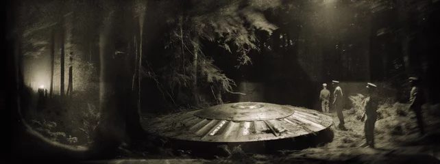 Foto op Canvas A large group of men investigated a UFO craft in a forest at night in 1954 © LAYER-LAB