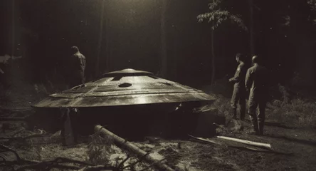 Papier Peint photo UFO Film Photography Archive of Army men looking at a flying saucer landed in a forest at night