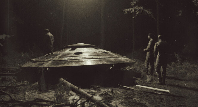 Film Photography Archive of Army men looking at a flying saucer landed in a forest at night