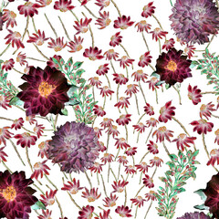 Abstract watercolor flowers seamless pattern designed for summer and winter. Suitable for textiles, graphics, wallpaper, home decor.