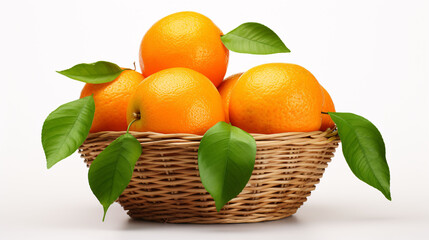 A wicker basket full of fresh orange fruits, isolated on a white background. 