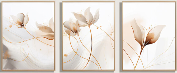 A set of canvases with an abstract flowers in the style of transparency and lightness. Plant art design.