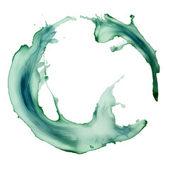 Green round paint splash in the air, apple juice spills out, and a line of droplets forms from an explosion. High-speed shutter for isolated on transparent background cutout PNG