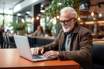 old mature man using laptop in cafe