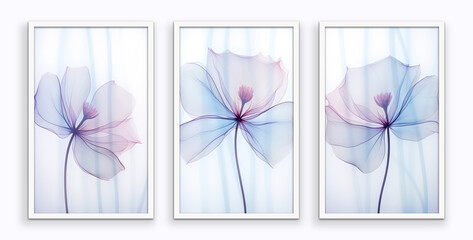 A set of abstract light sky-blue floral of canvases in the style of transparency and lightness. Plant art design. - obrazy, fototapety, plakaty