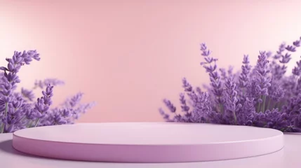 Foto op Canvas Lavender podium flower background purple product nature platform stand summer 3d table. Cosmetic podium lilac abstract field studio beauty flower spring lavender floral display plant backdrop crystal. © Максим Зайков