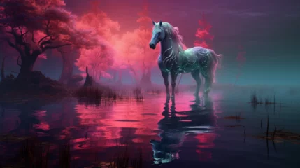 Tuinposter a mythical horse, its ethereal form translucent and luminescent, stands by the shores of an iridescent, otherworldly lake © Tanveer