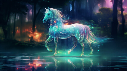 a mythical horse, its ethereal form translucent and luminescent, stands by the shores of an iridescent, otherworldly lake