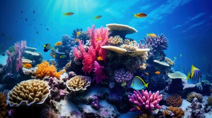 Fototapeta na wymiar Bright and colorful underwater world, fishes and plants life on the background of coral reefs